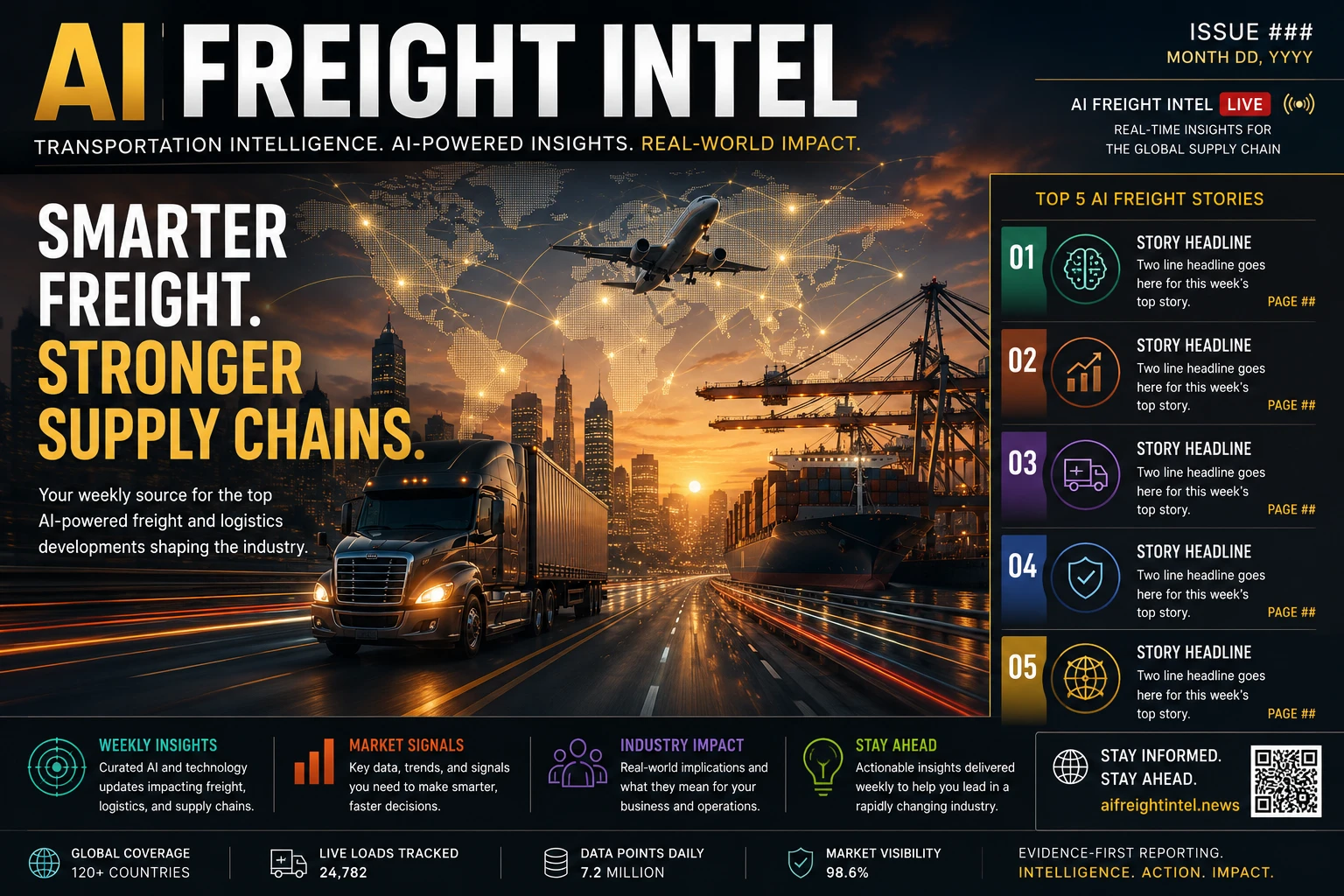 AI Freight Intel Issue 004 cover, July 10, 2026: a freight corridor at dusk with truck, port, air cargo, and a global intelligence network, alongside this week's top five stories